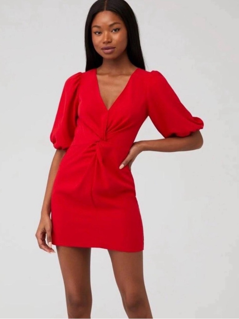 Amanda Uprichard Susannah Red V-Neck Twist Front Puff Sleeve Mini Dress size S